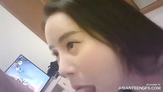 Small-titted Chinese GF in blue tackle gets fucked